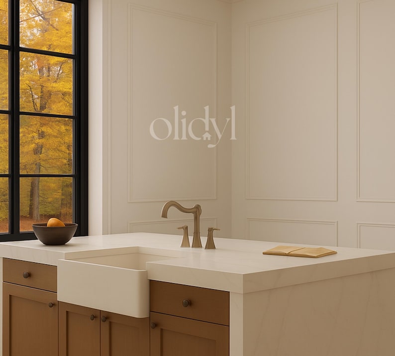May include: A kitchen island with a white countertop and a farmhouse sink. A bronze faucet is installed. The cabinets are brown with dark knobs. A wooden cutting board rests on the countertop. The word "olidyl" is printed on the wall.
