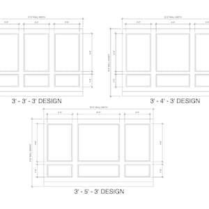May include: Architectural drawings of wall panel designs with dimensions in feet and inches. Three different layouts are shown: 3'-3'-3' design, 3'-4'-3' design, and 3'-5'-3' design. Each design includes measurements for wall width and height.