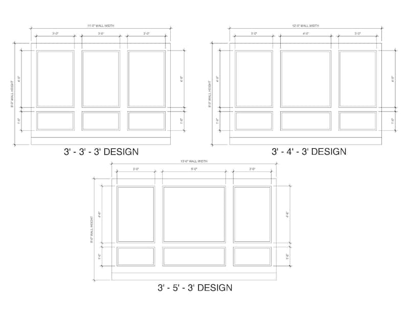 May include: Architectural drawings of wall panel designs with dimensions in feet and inches. Three different layouts are shown: 3'-3'-3' design, 3'-4'-3' design, and 3'-5'-3' design. Each design includes measurements for wall width and height.