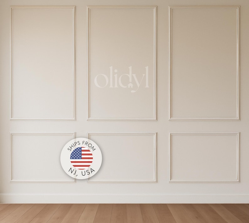 May include: A wall featuring rectangular panels and decorative molding in a neutral tone. The wall is divided into six sections, with a circular sticker that says "Ships From NJ, USA" with the American flag.