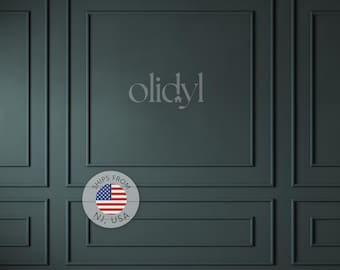 May include: Dark teal wall paneling with a rectangular design. The word "olidyl" is displayed in a light gray font. A circular graphic with the American flag and the text "SHIPS FROM NJ, USA" is also visible.
