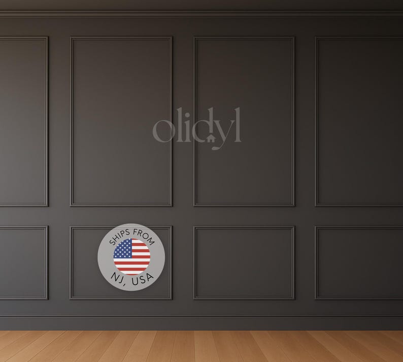 May include: Dark gray wall paneling with rectangular frames and a light wood floor. A circular sticker with the American flag and the text "SHIPS FROM NJ, USA" is affixed to the wall. The word "olidyl" is written on the wall.