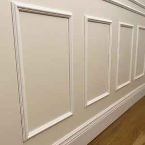 May include: A section of wall with decorative white molding. The wall is painted a light beige color, and the molding creates rectangular panels. The floor is made of wooden planks.