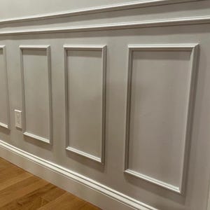 May include: A section of a wall with decorative molding. The wall is painted a light gray color and features rectangular panels framed by white molding. A power outlet is visible on the wall. The floor is made of wood.