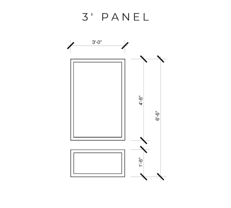 May include: A diagram of a panel design with dimensions. The text "3' PANEL" is at the top. The panel is 3 feet wide and 6 feet 6 inches tall. The design includes a smaller panel that is 1 foot 6 inches tall.