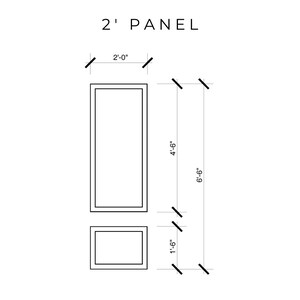 May include: Diagram of a panel with dimensions. The text "2' PANEL" is at the top. The panel is 2 feet wide and 6 feet 6 inches tall. A smaller panel is 1 foot 6 inches tall.