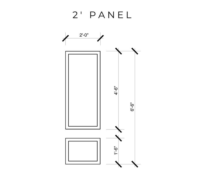 May include: Diagram of a panel with dimensions. The text "2' PANEL" is at the top. The panel is 2 feet wide and 6 feet 6 inches tall. A smaller panel is 1 foot 6 inches tall.