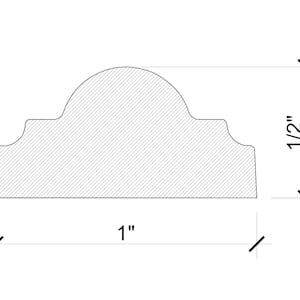 May include: A cross-section diagram of a decorative molding profile. The molding is 1 inch wide and 1/2 inch high. The profile has a curved top and a detailed bottom edge, with diagonal hatching indicating the material.