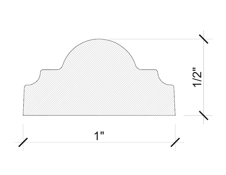 May include: A cross-section diagram of a decorative molding profile. The molding is 1 inch wide and 1/2 inch high. The profile has a curved top and a detailed bottom edge, with diagonal hatching indicating the material.