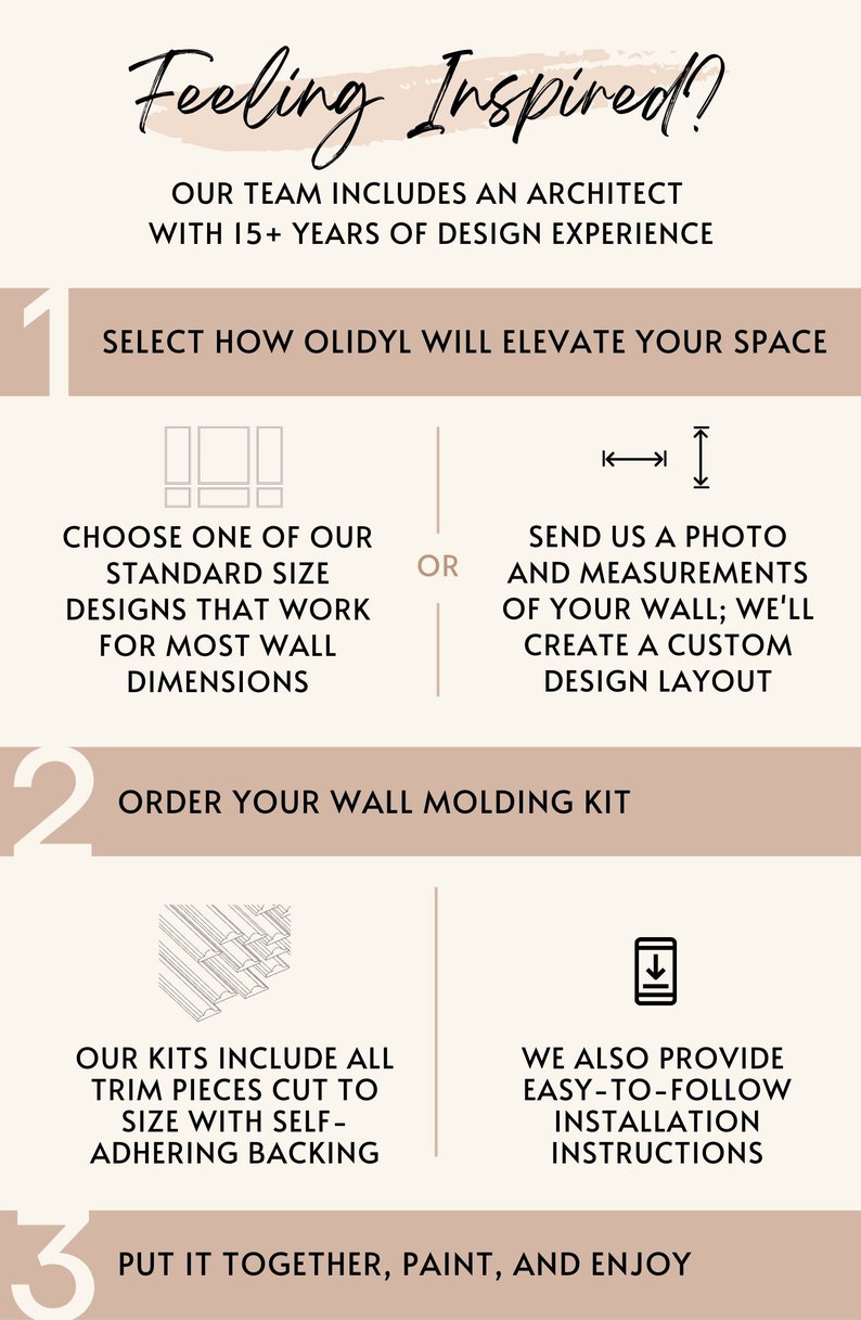 May include: A beige infographic with text about wall molding kits. The text includes "Feeling Inspired?" and "Select how Olidyl will elevate your space." It also shows how to order and install the kits.
