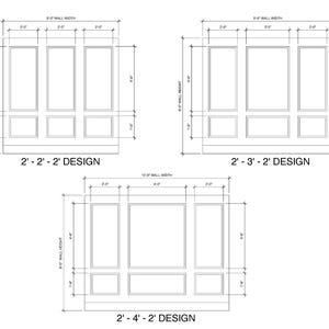May include: Technical drawings of three wall panel designs, with measurements in feet and inches. The designs are labelled as 2' - 2' - 2', 2' - 3' - 2', and 2' - 4' - 2', all presented in a black and white schematic format.