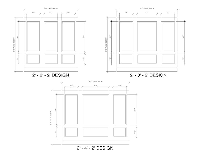 May include: Technical drawings of three wall panel designs, with measurements in feet and inches. The designs are labelled as 2' - 2' - 2', 2' - 3' - 2', and 2' - 4' - 2', all presented in a black and white schematic format.