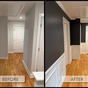 May include: A before-and-after image of a hallway renovation. The "before" side shows light gray walls, white trim, and a wooden floor. The "after" side features dark gray walls, white trim, and the same wooden floor. The text "BEFORE" and "AFTER" are displayed.