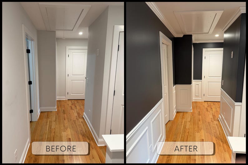 May include: A before-and-after image of a hallway renovation. The "before" side shows light gray walls, white trim, and a wooden floor. The "after" side features dark gray walls, white trim, and the same wooden floor. The text "BEFORE" and "AFTER" are displayed.