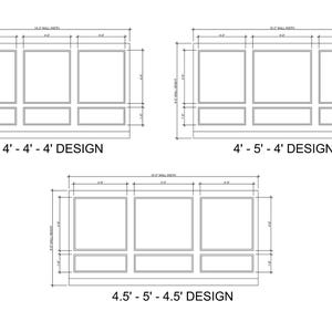 May include: Architectural diagrams of window designs, with measurements in feet and inches. The image shows three layouts: 4'-4'-4' design, 4'-5'-4' design, and 4.5'-5'-4.5' design, with dimensions clearly marked.