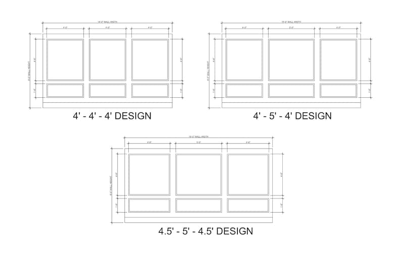 May include: Architectural diagrams of window designs, with measurements in feet and inches. The image shows three layouts: 4'-4'-4' design, 4'-5'-4' design, and 4.5'-5'-4.5' design, with dimensions clearly marked.