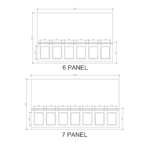 May include: Architectural drawings of two cabinet designs. The top design is labeled "6 PANEL" and is 12' 5" wide. The bottom design is labeled "7 PANEL" and is 14' 8" wide. Both designs include measurements in feet and inches.