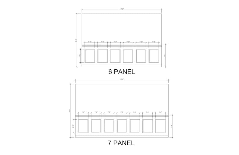 May include: Architectural drawings of two cabinet designs. The top design is labeled "6 PANEL" and is 12' 5" wide. The bottom design is labeled "7 PANEL" and is 14' 8" wide. Both designs include measurements in feet and inches.