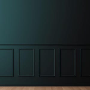 May include: A dark teal wall with decorative molding and rectangular panels. The lower portion of the wall features a series of framed rectangles. The floor is made of light-colored wood.