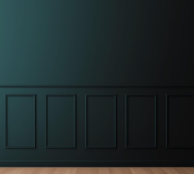 May include: A dark teal wall with decorative molding and rectangular panels. The lower portion of the wall features a series of framed rectangles. The floor is made of light-colored wood.