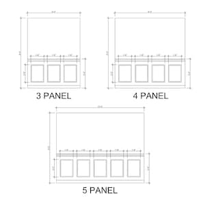 May include: Architectural drawings of three cabinet designs: 3-panel, 4-panel, and 5-panel. Each design includes dimensions in feet and inches. The cabinets have rectangular panels and are labeled with the number of panels.