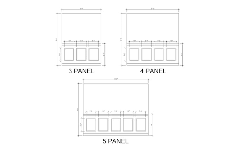 May include: Architectural drawings of three cabinet designs: 3-panel, 4-panel, and 5-panel. Each design includes dimensions in feet and inches. The cabinets have rectangular panels and are labeled with the number of panels.