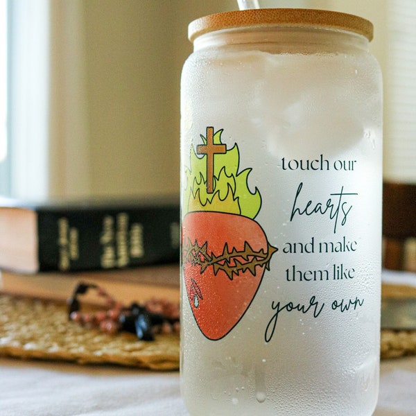 Sacred Heart of Jesus Frosted Glass Cup | Catholic Coffee Cup | Christian Glass Tumbler