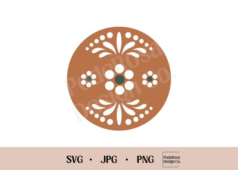Puede incluir: Un dise&ntilde;o redondo de color terracota con patrones florales blancos y tres flores blancas con centro verde.