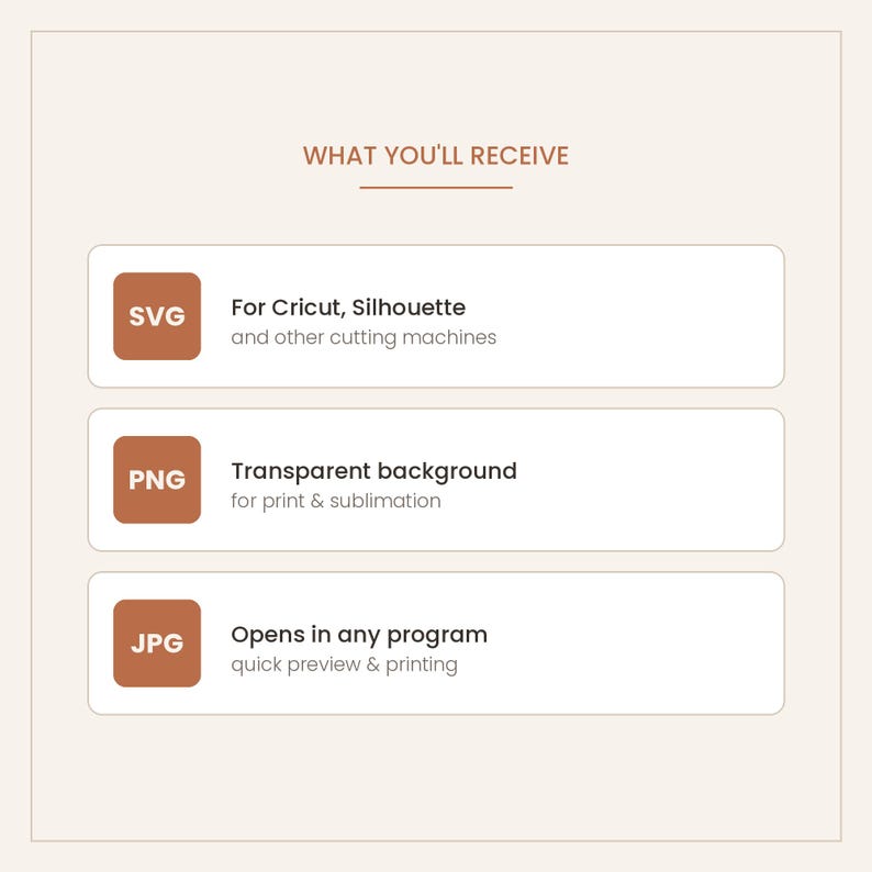 Pode incluir: Um gr&aacute;fico de informa&ccedil;&otilde;es de arquivos digitais com o t&iacute;tulo WHAT YOU'LL RECEIVE. Lista tr&ecirc;s formatos: SVG para Cricut, Silhouette e outras m&aacute;quinas de corte; PNG com fundo transparente para impress&atilde;o e sublima&ccedil;&atilde;o; JPG para qualquer programa.