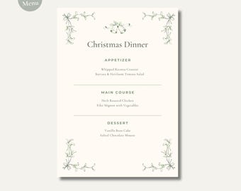 Elegant Mistletoe Christmas Dinner Menu Template, Editable Canva Holiday Card (5x7 Instant Download)