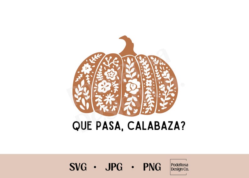 Pode incluir: Uma ilustra&ccedil;&atilde;o de ab&oacute;bora na cor terracota com padr&otilde;es intrincados de flores e folhas brancas em seus segmentos. Abaixo da ab&oacute;bora, o texto diz QUE PASA, CALABAZA? em uma fonte preta, negrito e sem serifa. O design &eacute; limpo.