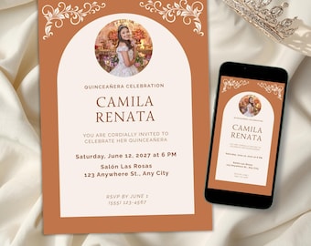 Quinceañera Invitation Template | Editable Terracotta Arch Design | 5x7 Canva Template | Photo Invitation | XV Años | Instant Download
