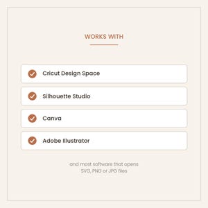 Pode incluir: Um gr&aacute;fico bege claro com o texto WORKS WITH acima de uma lista de quatro programas de software: Cricut Design Space, Silhouette Studio, Canva e Adobe Illustrator, cada um precedido por uma marca de verifica&ccedil;&atilde;o castanha. Abaixo, indica que abre ficheiros SVG, PNG ou JPG.
