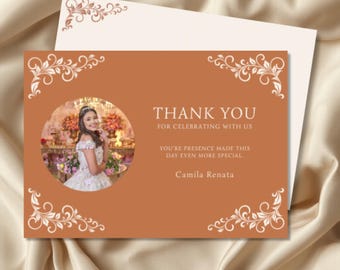 Quinceañera Thank You Card Template with Photo, Editable Canva, Horizontal Terracotta Design, Front & Back (2 Pages), 7x5, Instant Download