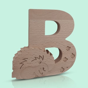 Letra de madera B con diseño de erizo - Decoración de la guardería, Arte de la pared de la habitación de los niños, Tema del bosque, Regalo personalizado