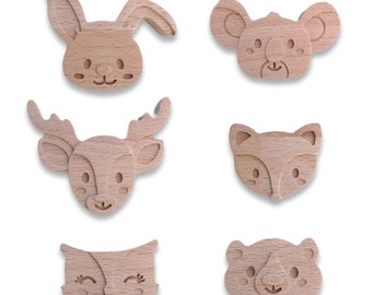 Drawer Pulls, 6 WOODEN BUTTONS, Beech Wood Modern Decorative Children Furniture Storage Drawers Pulls, Set Of 6 Woodland Animal Drawer Pulls