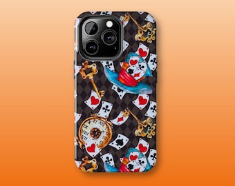 May include: A black phone case with a colorful pattern of playing cards, keys, and a clock. The pattern is on a black and white checkered background.
