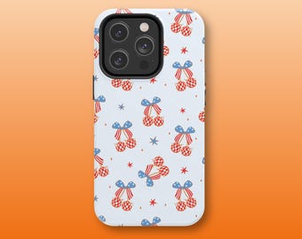 Patriotic Coquette Cherry Bows Phone Case - Red, White and Blue Case - iPhone 16 15 14 13 Pro Max - 4th of July - American Case - Flag