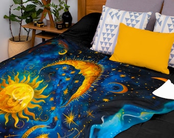 Cobertor aconchegante Celestial Sun And Moon - Cobalto - Roupa de cama Celestial - Galáxia - Céu noturno
