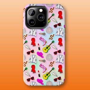 May include: A colorful phone case with a repeating pattern of various objects, including a guitar, sunglasses, boots, a disco ball, and a scarf. The case is designed for an iPhone with a camera bump.