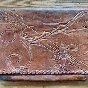 Antique document case in brown leather, Art Nouveau style, circa 1900, monogrammed AF
