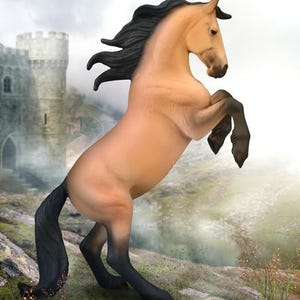 May include: A tan horse figurine in a rearing position with a black mane, tail, and lower legs. The horse is depicted with its front hooves lifted off the ground, showcasing a muscular build and detailed facial features in a static pose.