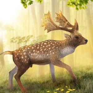 May include: A spotted deer with large antlers stands in a grassy forest clearing. The deer is brown with white spots and has a long, slender neck. The deer is looking to the right of the image. The background is a blurry image of a forest with trees and sunlight.