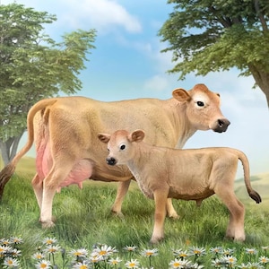 May include: A brown cow and a brown calf stand in a grassy field with white flowers. The cow has a pink udder and the calf has a white face.