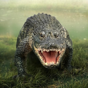 May include: A close-up of a green alligator with its mouth open, showing sharp teeth. The alligator is standing in a grassy area with a blurred background.