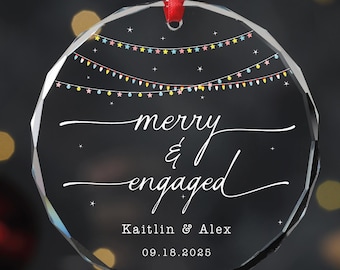 Personalized Merry and Engaged GLASS Ornament - Christmas Engagement Gift
