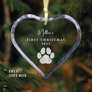 Puppy&#39;s 1st Christmas Ornament - Personalized First Christmas Dog Heart Ornament - Dog Paw Print With Name