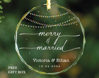 Merry and Married Personalized Christmas Married GLASS Ornament