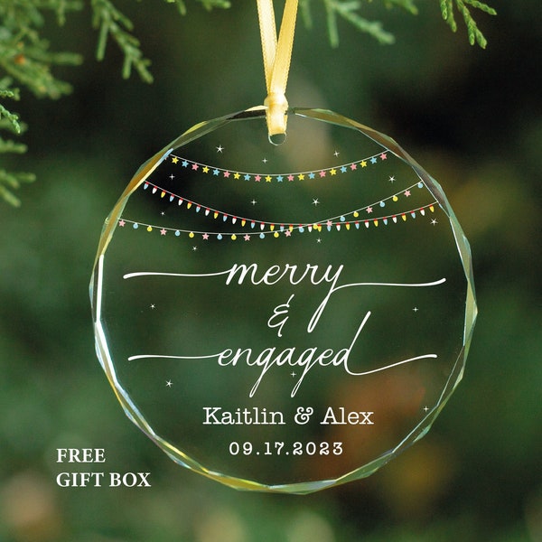 Personalized Merry and Engaged GLASS Ornament - Christmas Engagement Gift- Custom Newly Engaged Gift