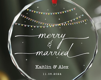 Merry and Married Personalized Christmas Marriage GLASS Ornament